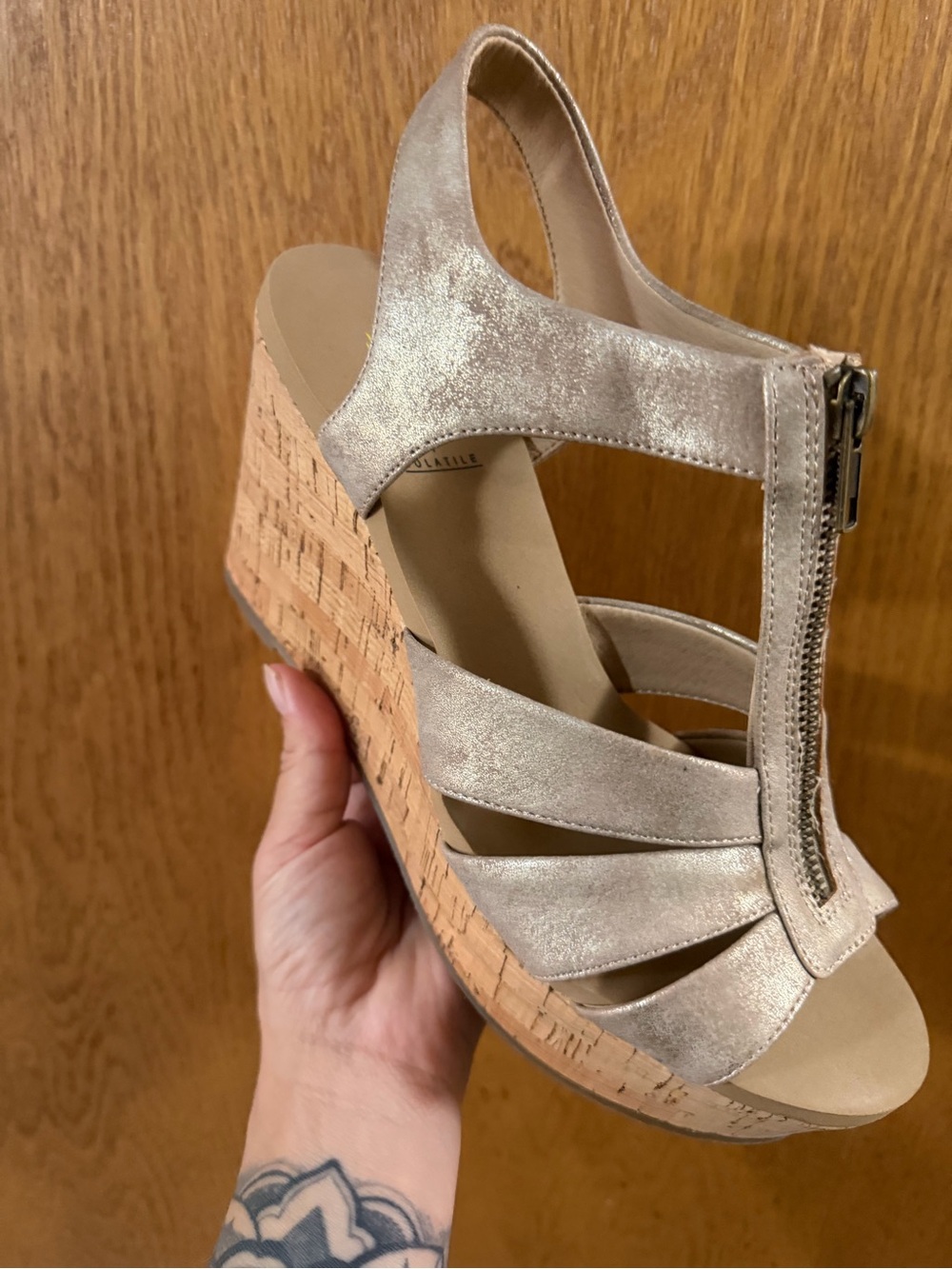 Volatile Metallic Taupe Cork Wedge Sandals